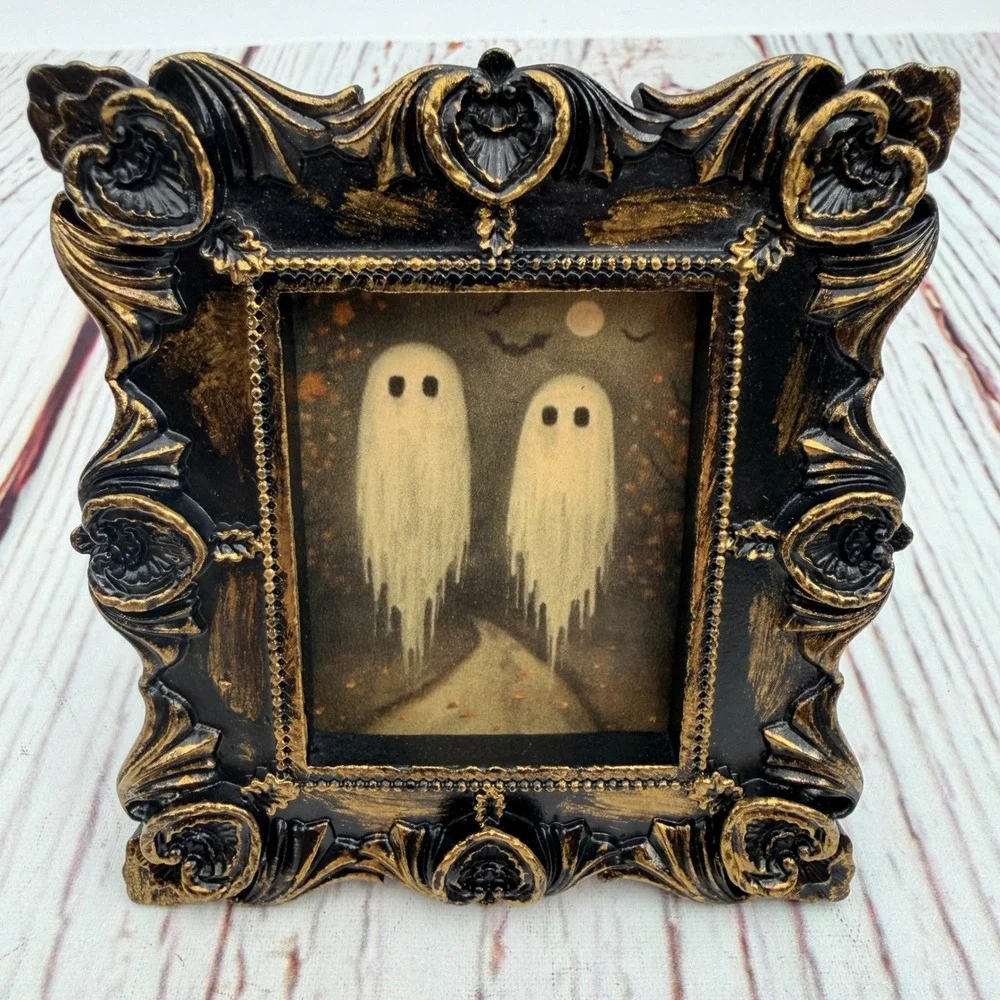 Vintage Style Ghost Art Print Ornate Black Gold Resin Frame Gothic Halloween 3